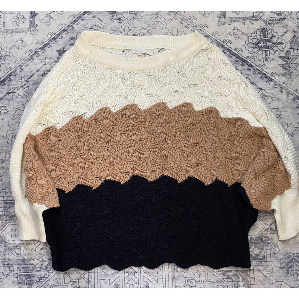 Chic Soul Colorblock Knit‎ Sweater Womens Size 2X Crochet Top Beige/Black/White